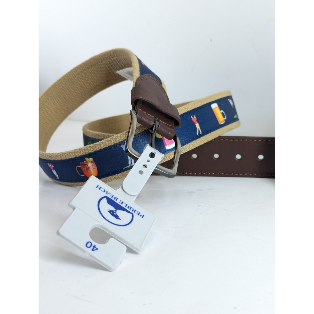 Pebble Beach Mens Golf Belt Size 40 Khaki Canvas Leather Tabs Novelty Cocktails